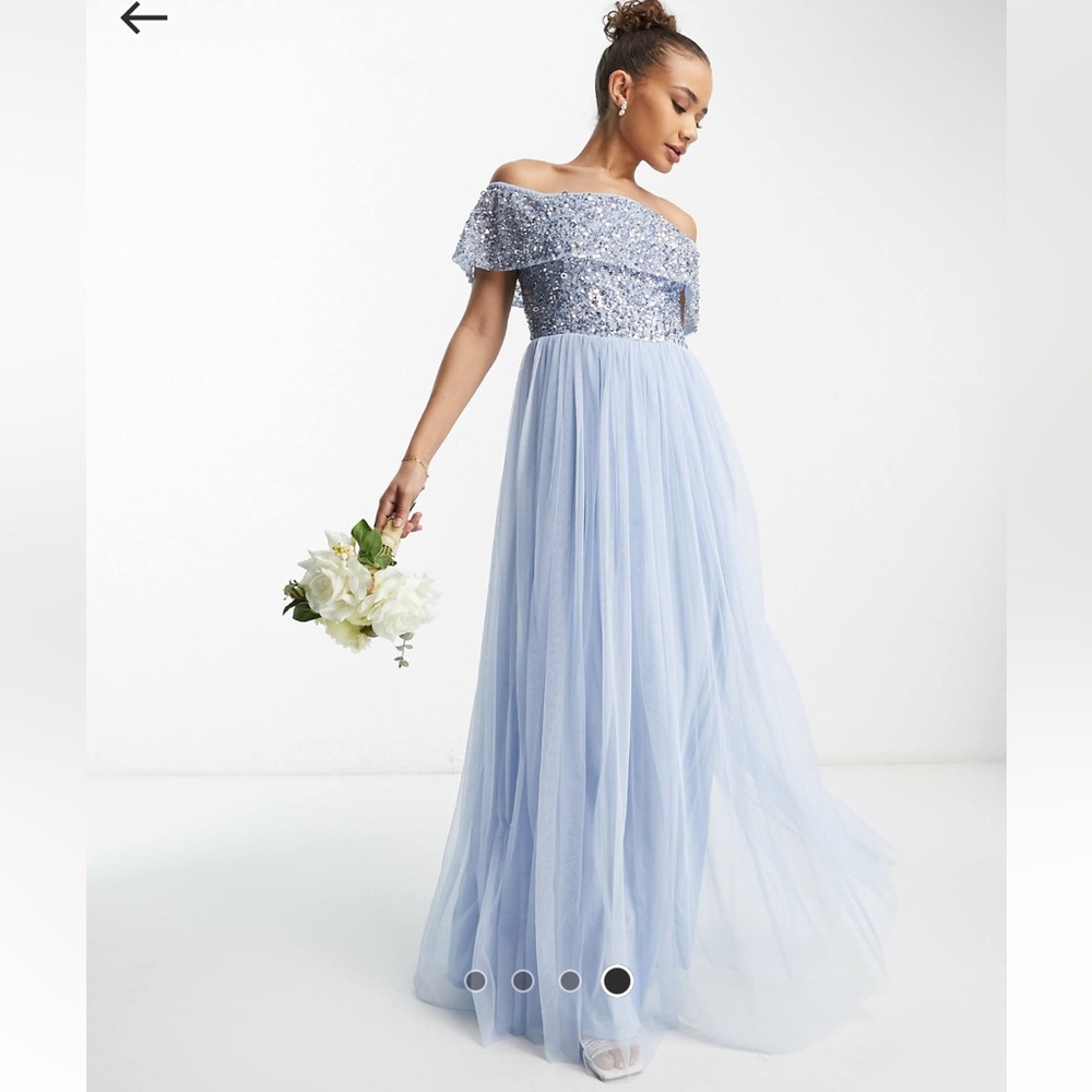 Beauut bridesmaid Bardot emblished maxi dress in light blue